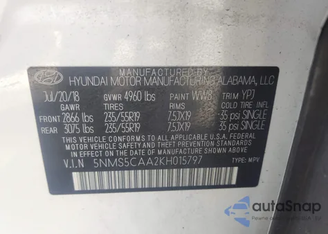 2019 Hyundai Santa Fe Ultimate 2.0T from USA, damaged, VIN 5NMS5CAA2KH015797